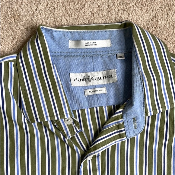 Henry Grethel Green and Blue Striped Casual Button Down Shirt - Picture 2 of 4